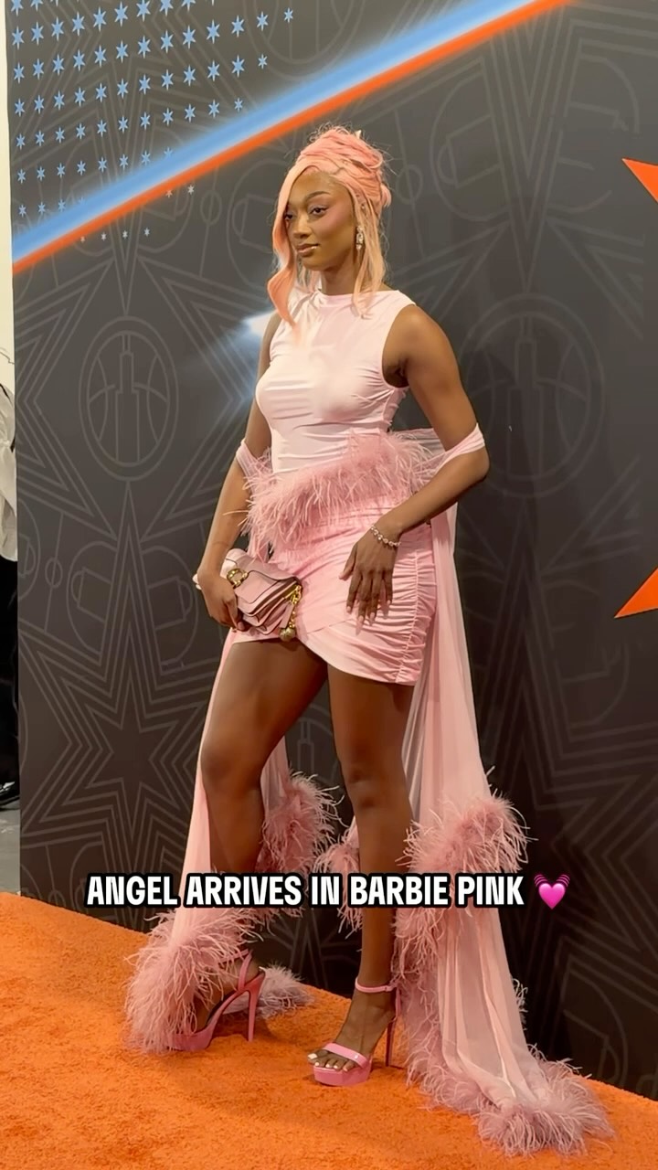 All-Star Barbie has entered the chat 💕 , Angel Reese arrives with a fresh pink look before taking the floor for Team Coop in her third straight WNBA All-Star appearance., AT&T | #WNBAAllStar2026