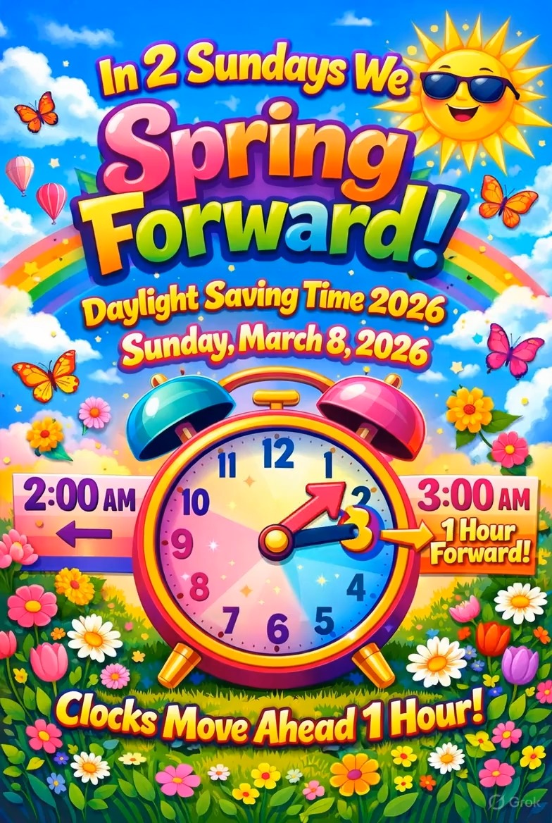 ⏰🌷 In just 2 Sundays, we SPRING FORWARD! On Sunday, March 8, 2026 ...