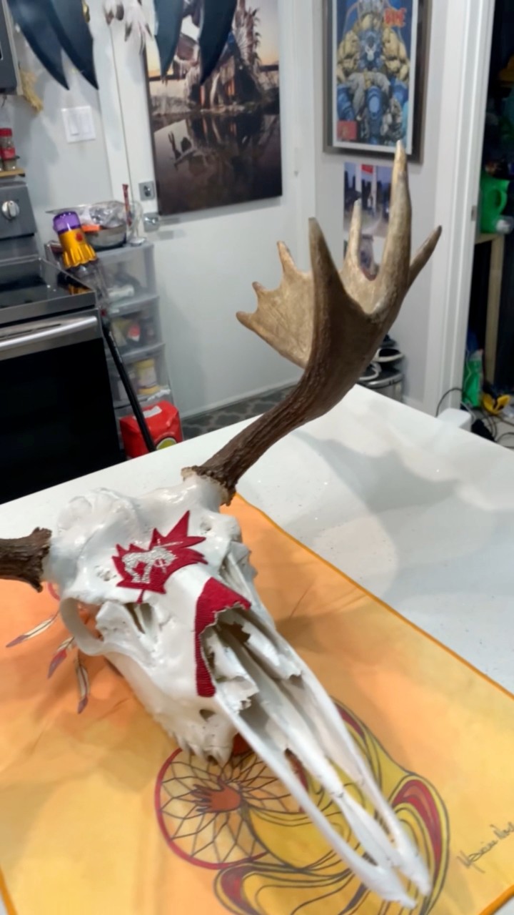 JS Muskwa art skill crafter, beaded moose skull half way done keep up ...