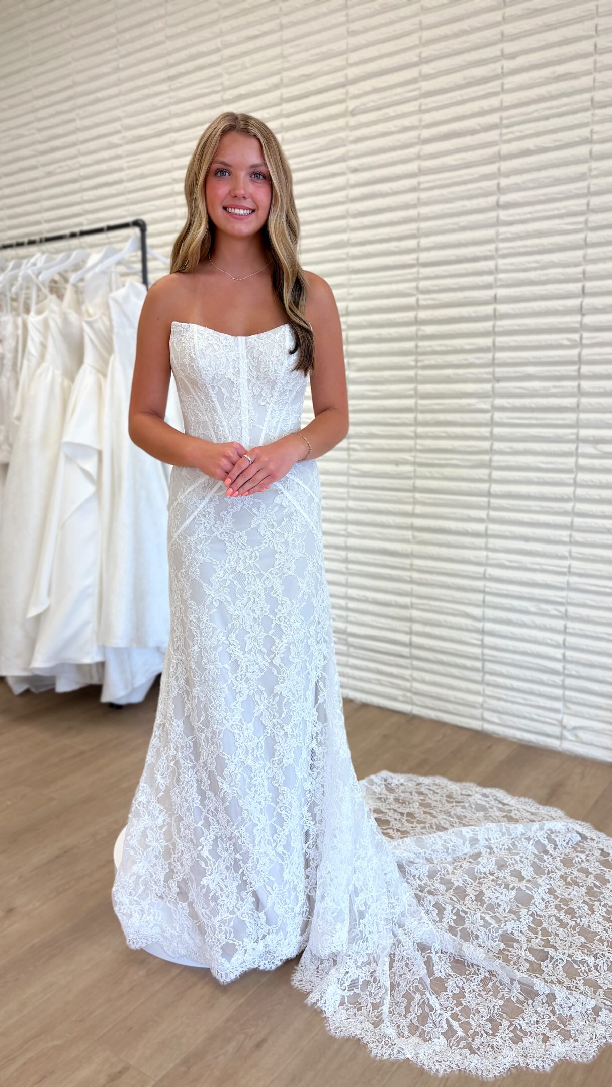 Dare we say, one of the best perks about working at Haus of Ivory? 🤭, Featuring our gown Estella, a fitted chantilly lace dress with an additional optional all lace topper ✨ , #hausofivory 