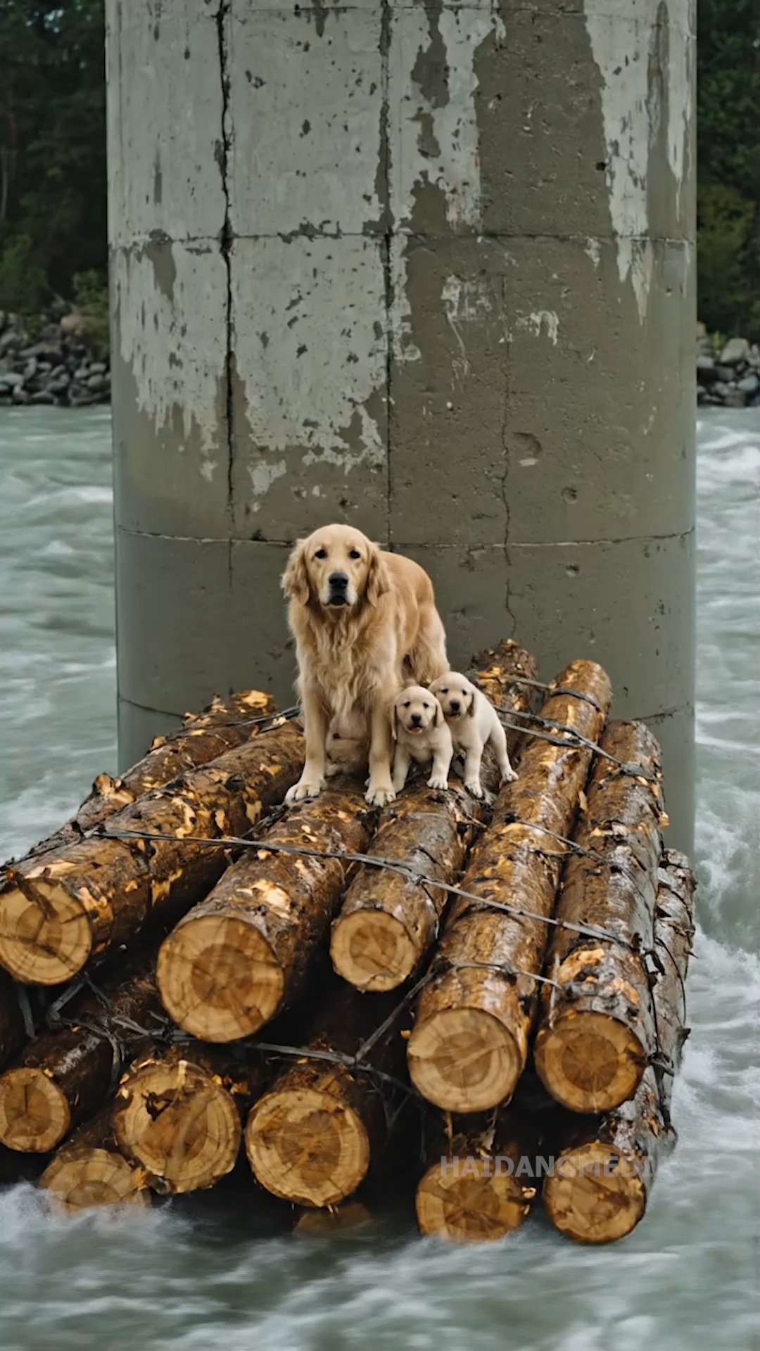 Amid A Rushing River, A Dog Family Clings To A Floating Log Waiting For ...