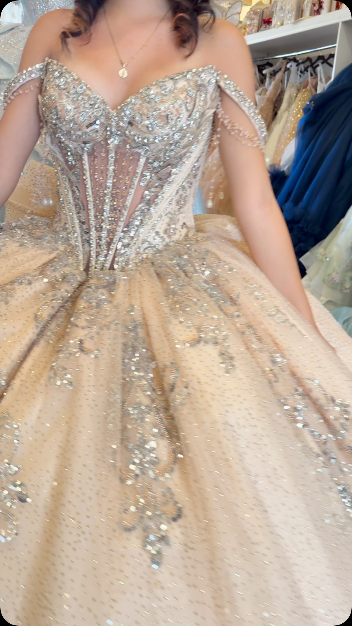 gold and silver quinceanera dresses Thank you to this beautiful Queen for modeling this amazing champagne , just look at that corset bow! Available in store! 😍✨👑💛 , ~DM or call for more information or to make an APPAREL