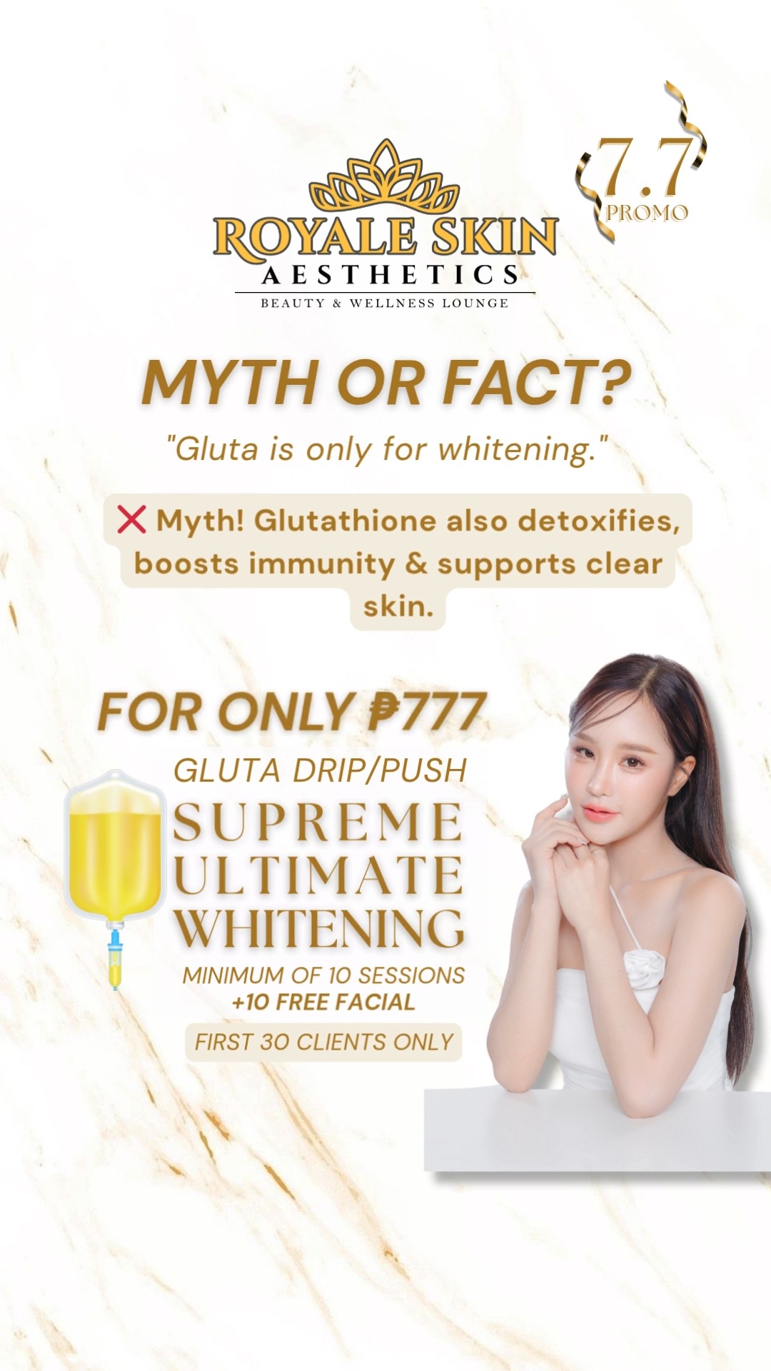goddess drip glutathione 💧✨ 𝐆𝐥𝐨𝐰 𝐟𝐫𝐨𝐦 𝐰𝐢𝐭𝐡𝐢𝐧 𝐟𝐨𝐫 𝐨𝐧𝐥𝐲 ₱𝟕𝟕𝟕! ✨💧 , Our Supreme Ultimate Whitening Gluta is now part of our 7.7 Beauty Promo!, 📅 Promo valid from 𝗝𝘂𝗹𝘆 𝟏–𝟕 𝗢𝗡𝗟𝗬! , 📍 Open to the 𝗙𝗜𝗥𝗦𝗧 𝟑𝟎 𝗖𝗟𝗜𝗘𝗡𝗧𝗦 𝗢𝗡𝗟𝗬! , eye patch
