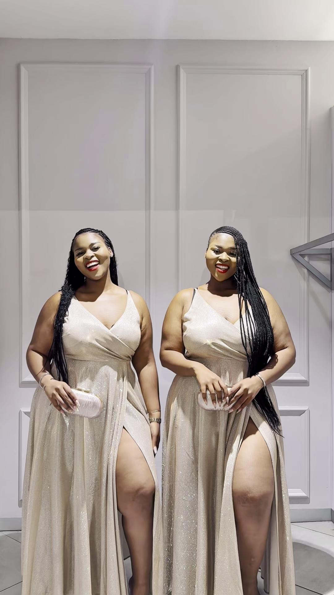 Double the style, double the shimmer. @mongaketwins are pure gold in this Gold Maxi Dress. ✨, Truworths Gold Shimmer Maxi Dress R1299 (3225804): https://ow.ly/h1OS50XmVtW, Truworths Rose Gold Clutch 
