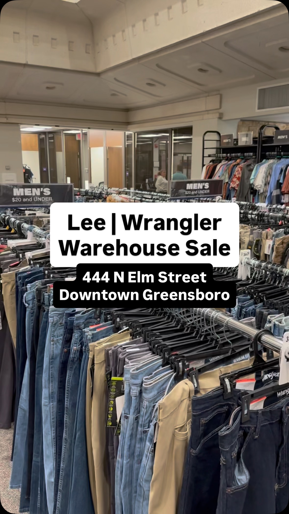 👖 Everything under $20 at the Lee Wrangler Warehouse Sale! 📍 444 N Elm ...
