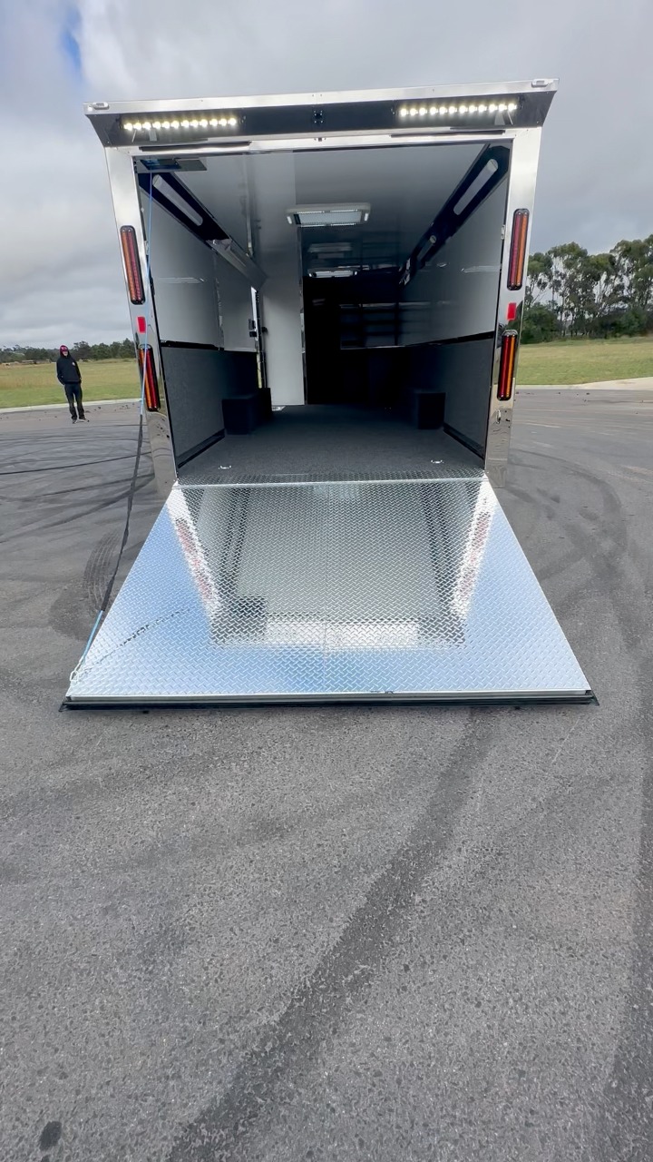 Step inside one of our premium race haulers 👣 Marine carpet up the mid ...
