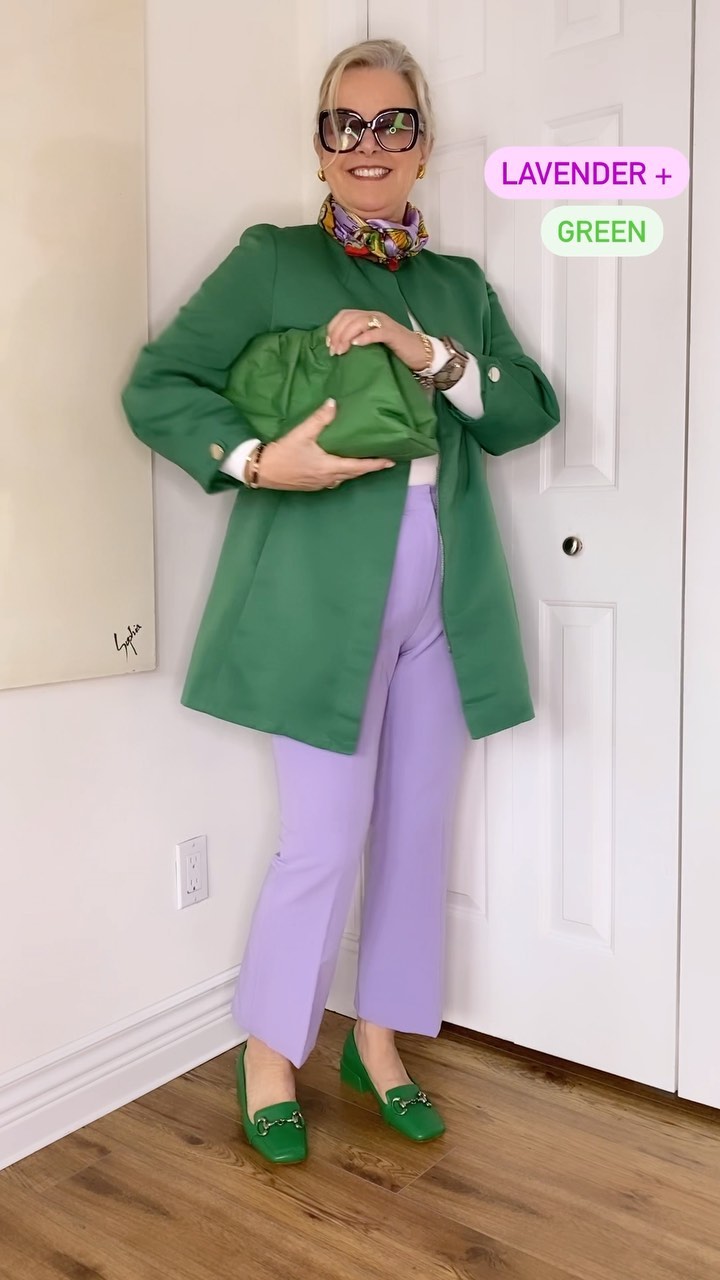 purple dress and green shoes What do you guys think of the lavender colour combo💜💚?, •, The pants are a few years old from @topshop 💜💚. , •, I have linked some similars in my stories with the rest of this look💜💚. , •, shoes for purple dress