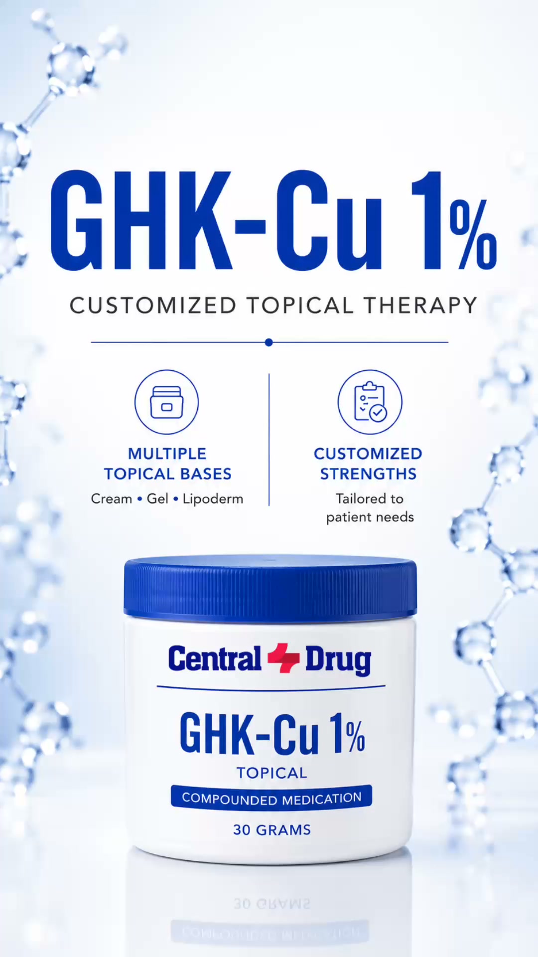 GHK-Cu 1% Customized Topical Therapy Our dermatology portfolio continues to grow. 🎉 GHK-Cu 1% is now available in multiple topical bases, including cream, gel, and Lip