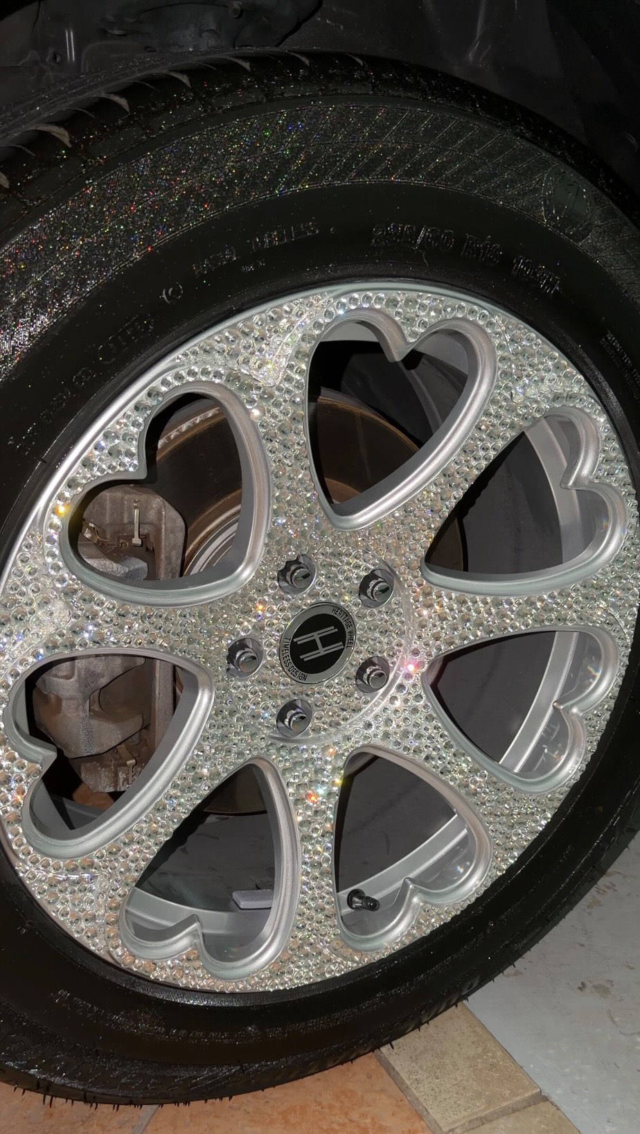 glitter tire dressing Bedazzled Heart Rims Transformation: Rhinestone Wheels Reveal hot pink