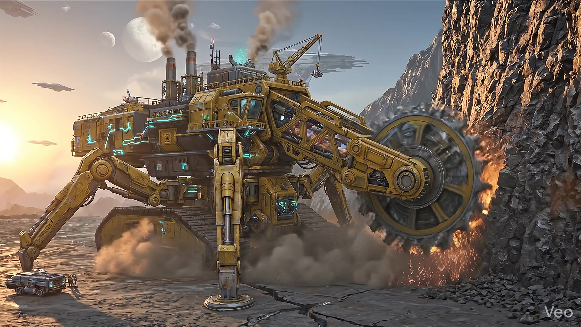 A colossal futuristic drilling machine tearing through solid rock like ...
