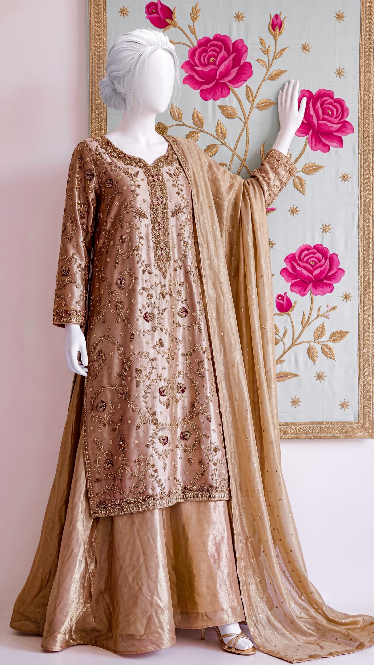 rusty gold dress Bridal colour on lama silk #reshambridal #tariqroadkarachi #pakistaniwedding #pakistanibridaldresses #pakistanibridalshop | RESHAM BRIDAL white