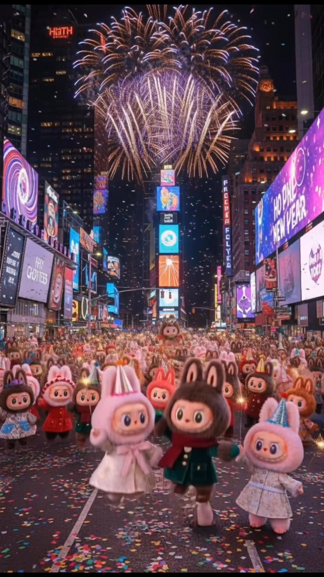 Welcoming 2026 with Labubu in the heart of Times Square 🎆 Bright lights ...