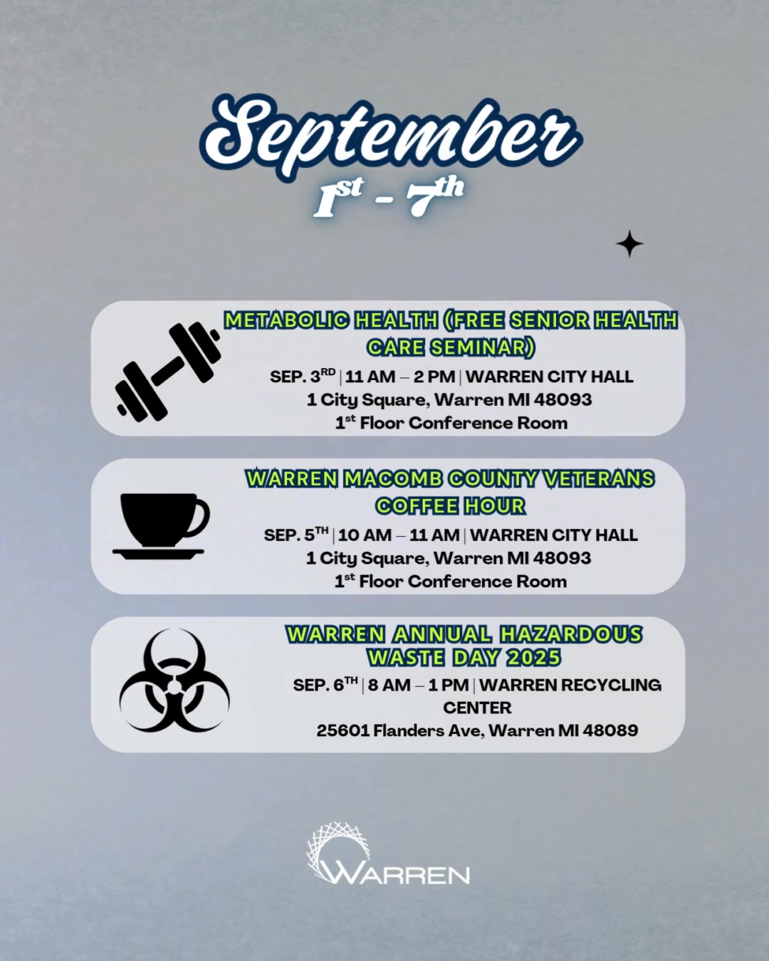 12' September – Are You Free Tonight Here's your weekly update on what's happening in Warren, starting