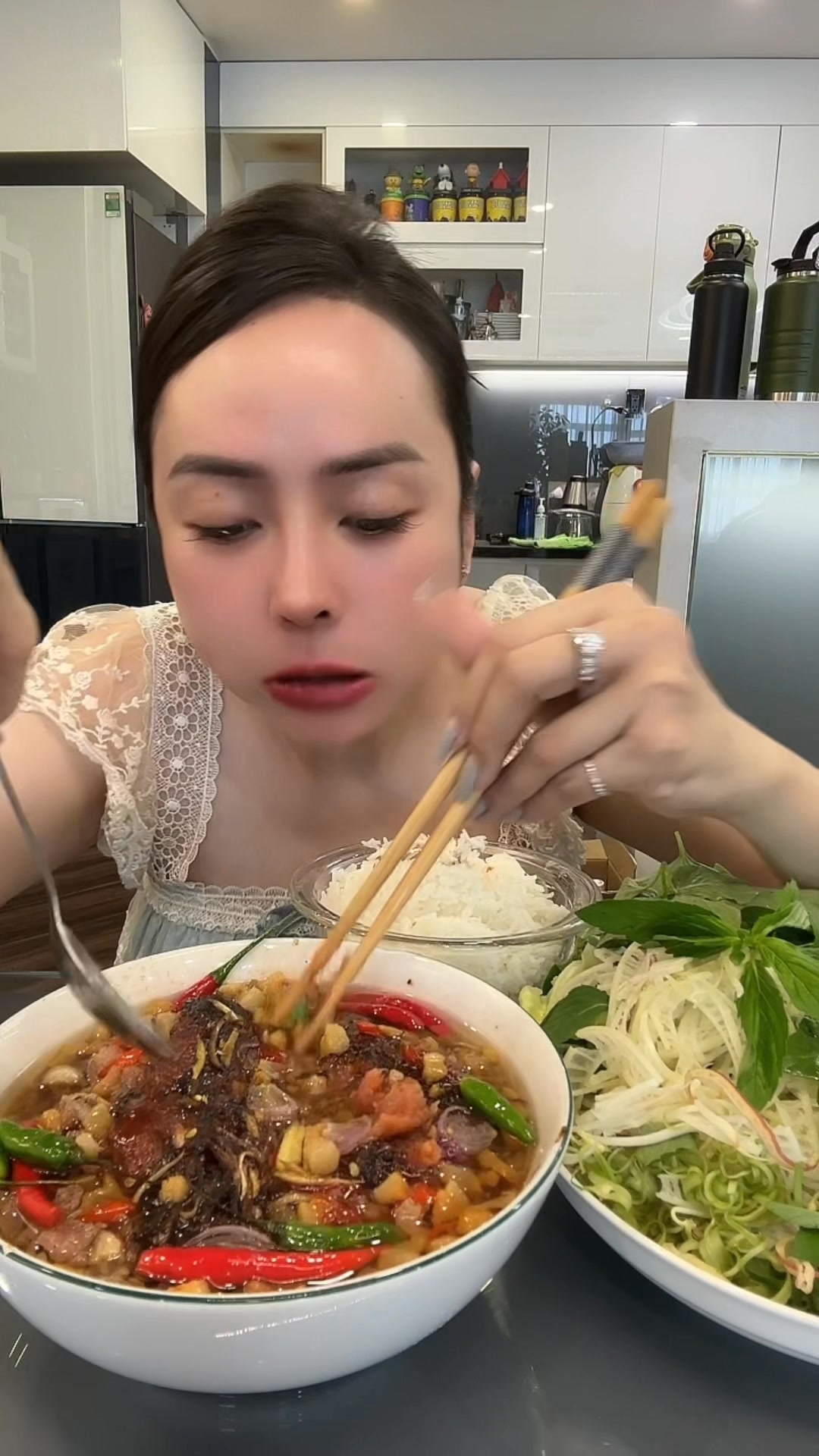 Mắm cá lóc chưng với tóp mỡ thịt ba rọi chấm hết rổ rau sống #mukbang # ...