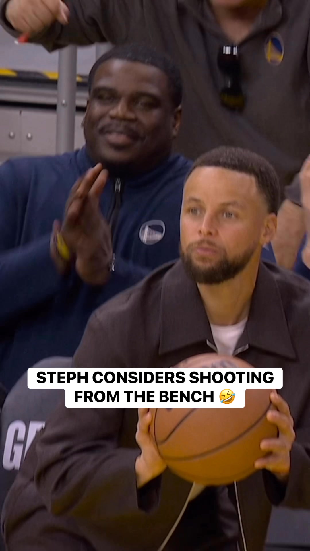Steph gets a loose ball while on the bench, pump fakes, and strikes a ...