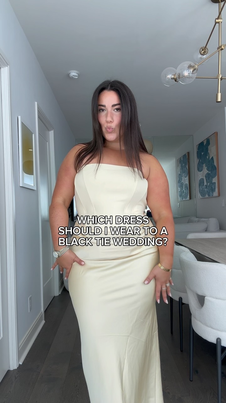 we have a few more contenders but if you had to pick one, which would it be💃🏻💭 , yellow dress Dynamite Clothing , black lace & pink MESHKI , black corset David's Bridal , #weddingguestdress #dresshaul 