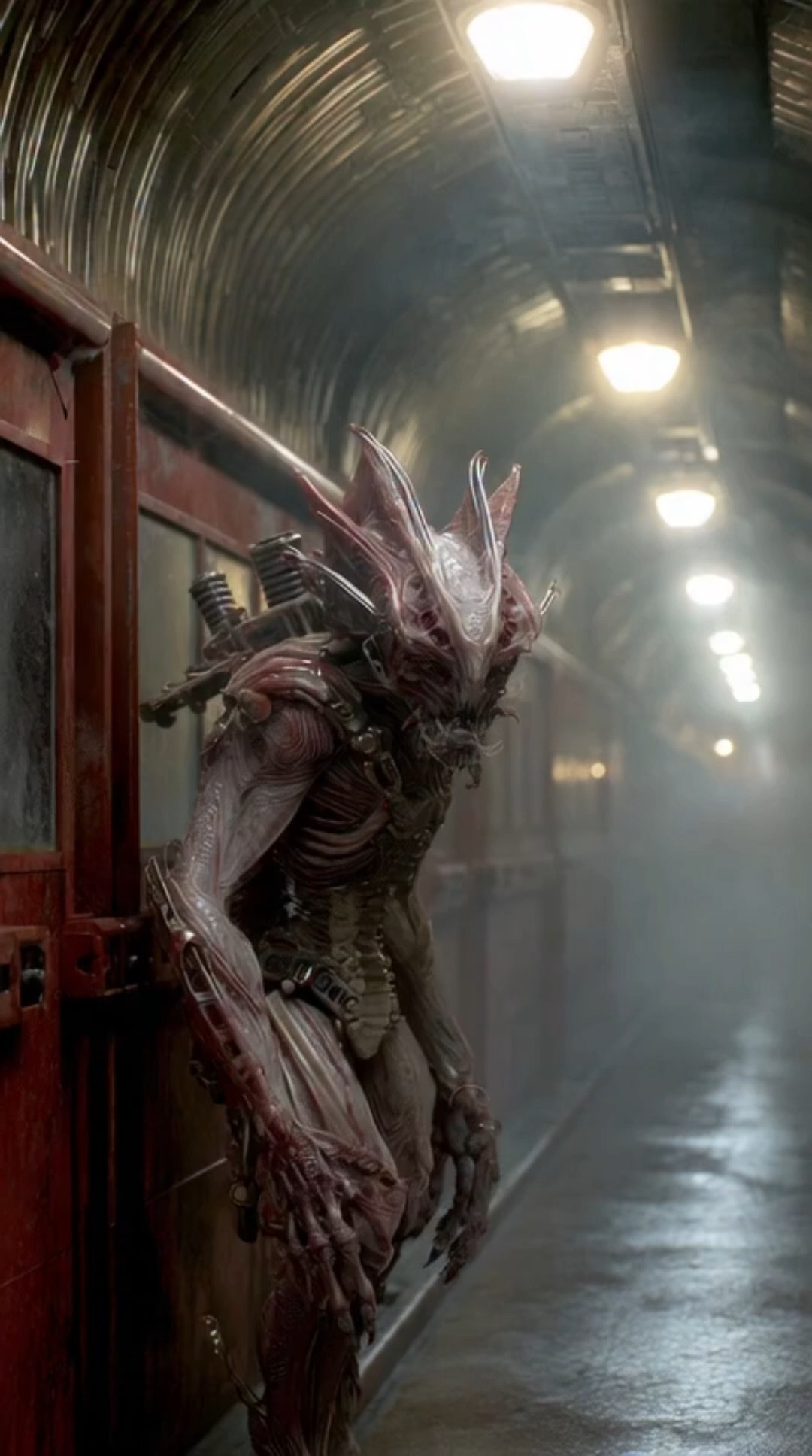 The creature waits against the metal wall, its body a braid of flesh ...
