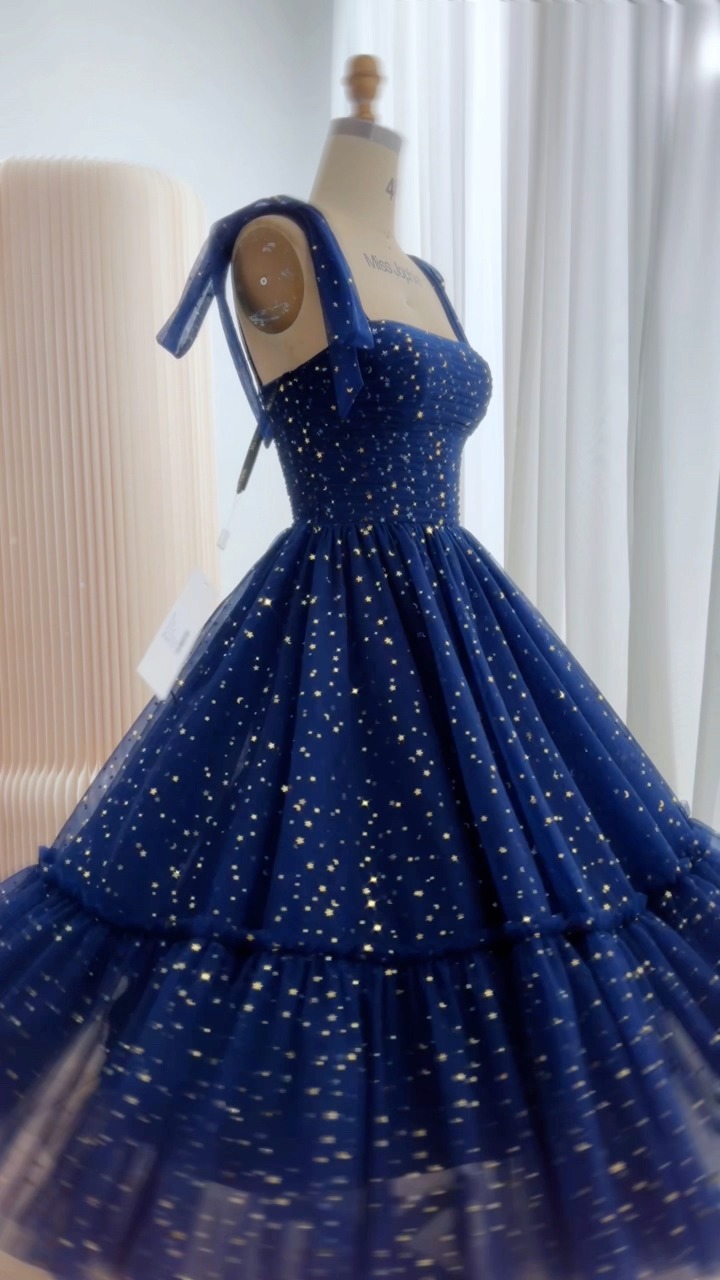 navy blue dress for homecoming Custom orders., Corset star tulle dark midi prom dress., We always accept custom orders., #dress #promdress #weddingguestdress #hautecouture #custommade #mididress #fashiondesigner dark blue homecoming dresses