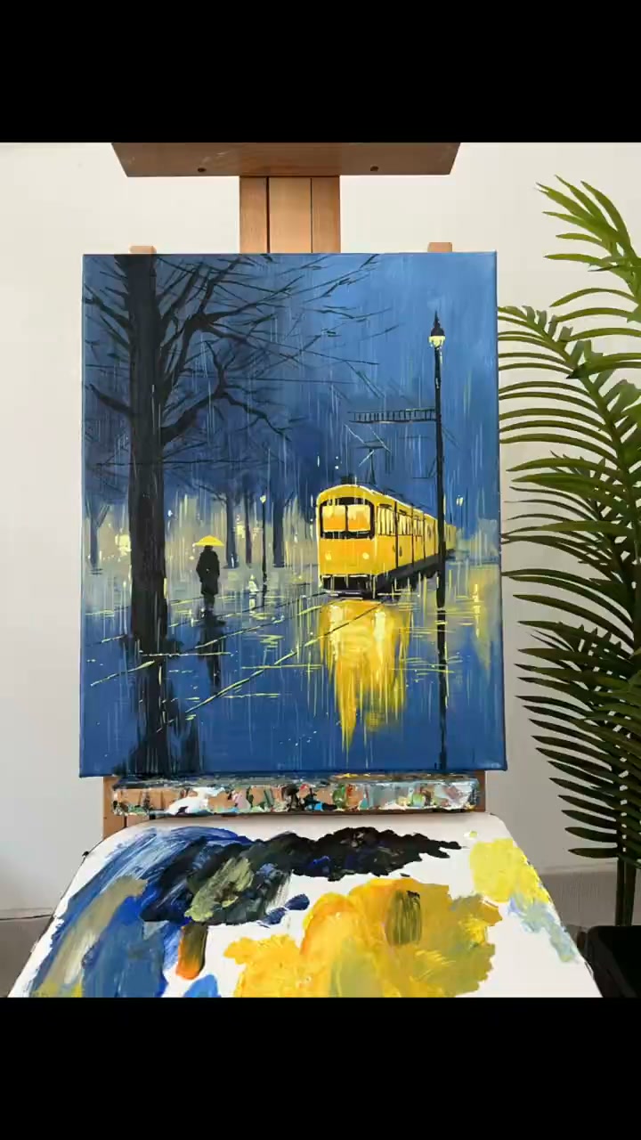 雨中车站一夜｜氛围感丙烯画手绘教程～ 材料：亚麻油画框➕丙烯大小