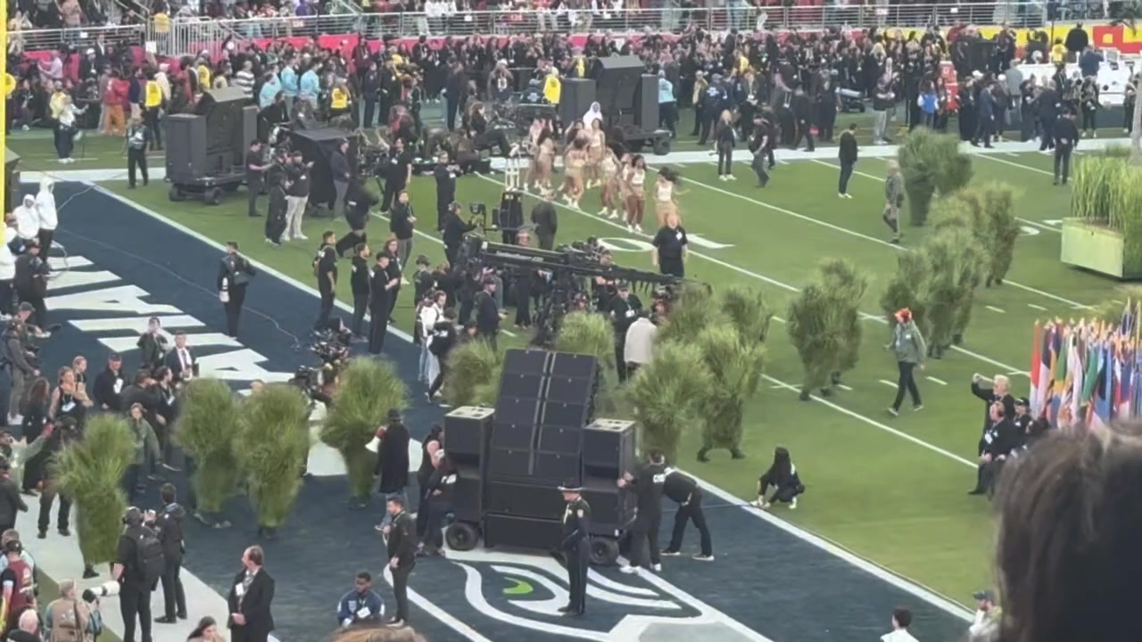 Video shows performers dressed as trees taking the field for Bad Bunny ...