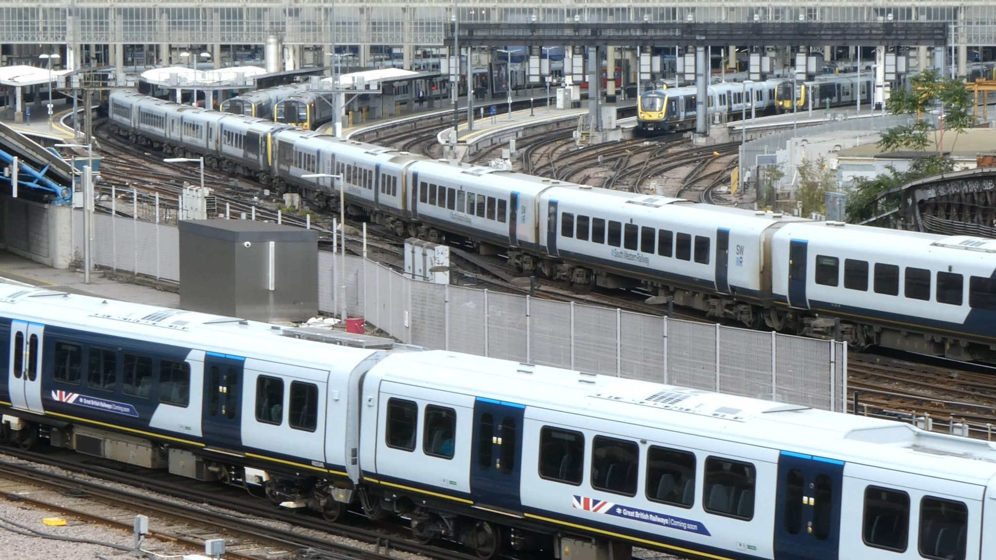 London Waterloo, 1 October 2025. SWR trains are seen arriving at the ...