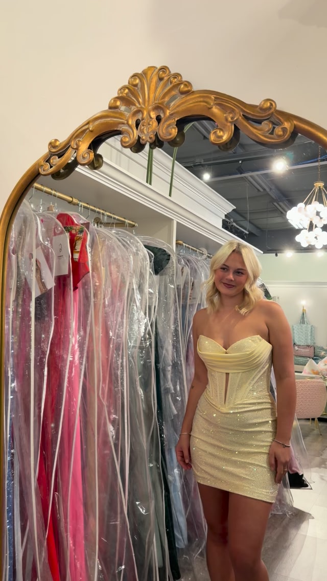 butter yellow homecoming dress How could you not fall in love with this dress💛💛 | Sophie’s Event Wear and More short yellow homecoming dress