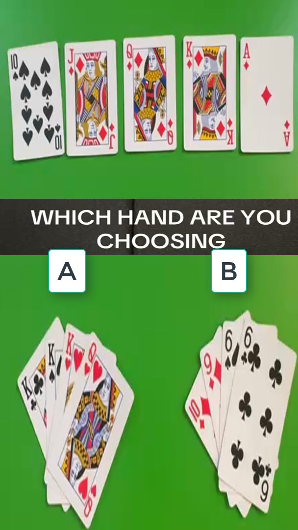 🎭 BOARD: 10♠ – J♦ – Q♦ – K♦ – A♦ 🔹 HAND A: K♣ – K♥ – Q♥ – K♠ 🔹 HAND B ...