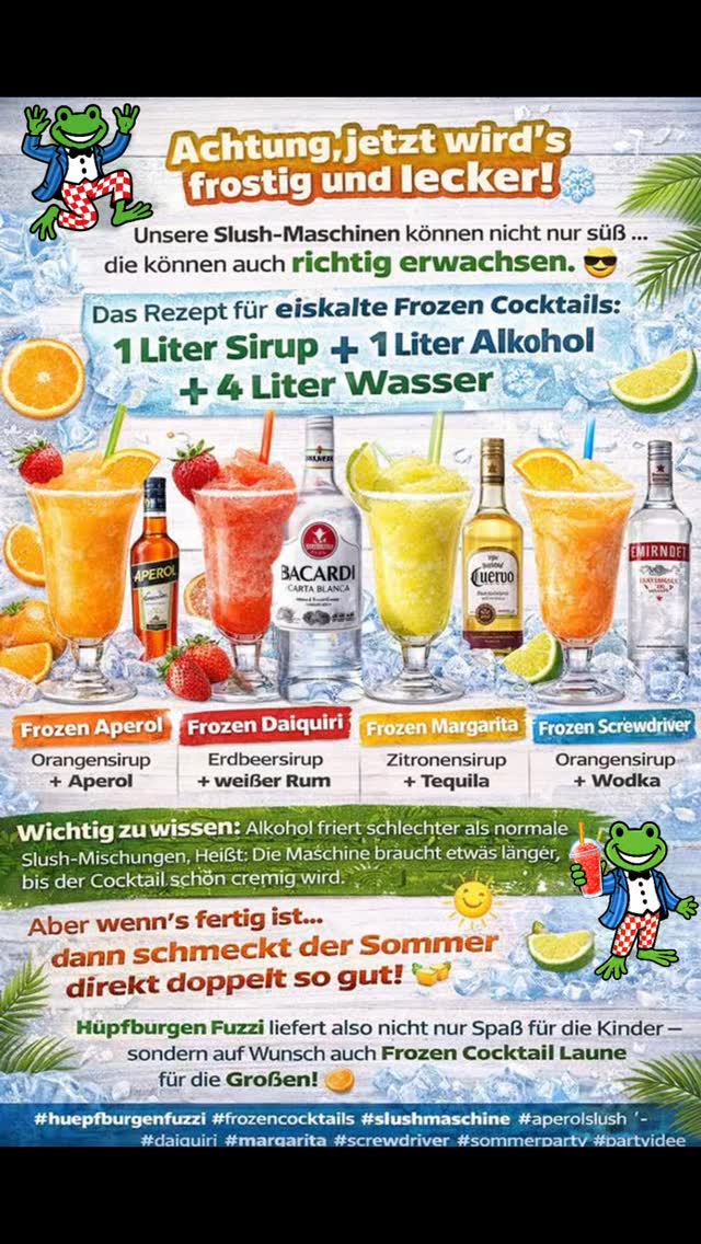 🍹❄️ Frozen Cocktails aus der Slush-Maschine!, So wird deine Party zum Highlight:, Einfach mischen, Maschine an – und genießen! 😎, Ob Aperol, Daiquiri, Margarita oder Screwdriver…, eiskalt, fruchtig