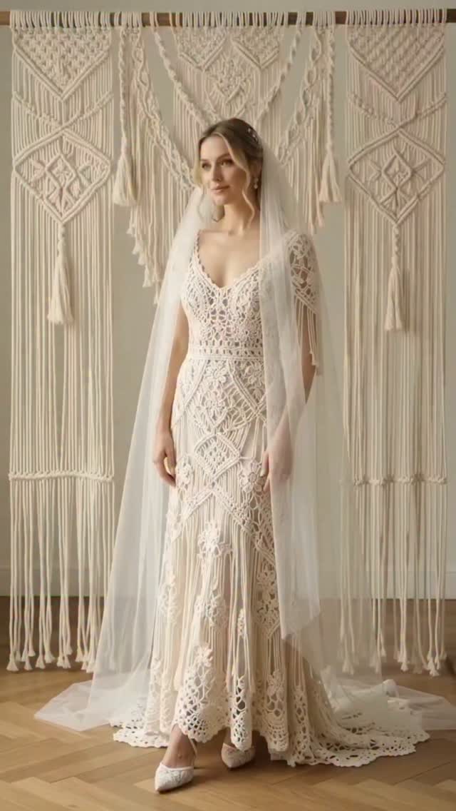 boho crochet wedding dress When macramé meets crochet, magic happens. 🤍🌿 Intricate knots and delicate details come together to create a unique boho-style dress. Discover the beauty of macramé wedding where Fabric: Sequins Black PrettyLittleThing Crochet O Color:Honey Gold ($118.66) exposing just enough of