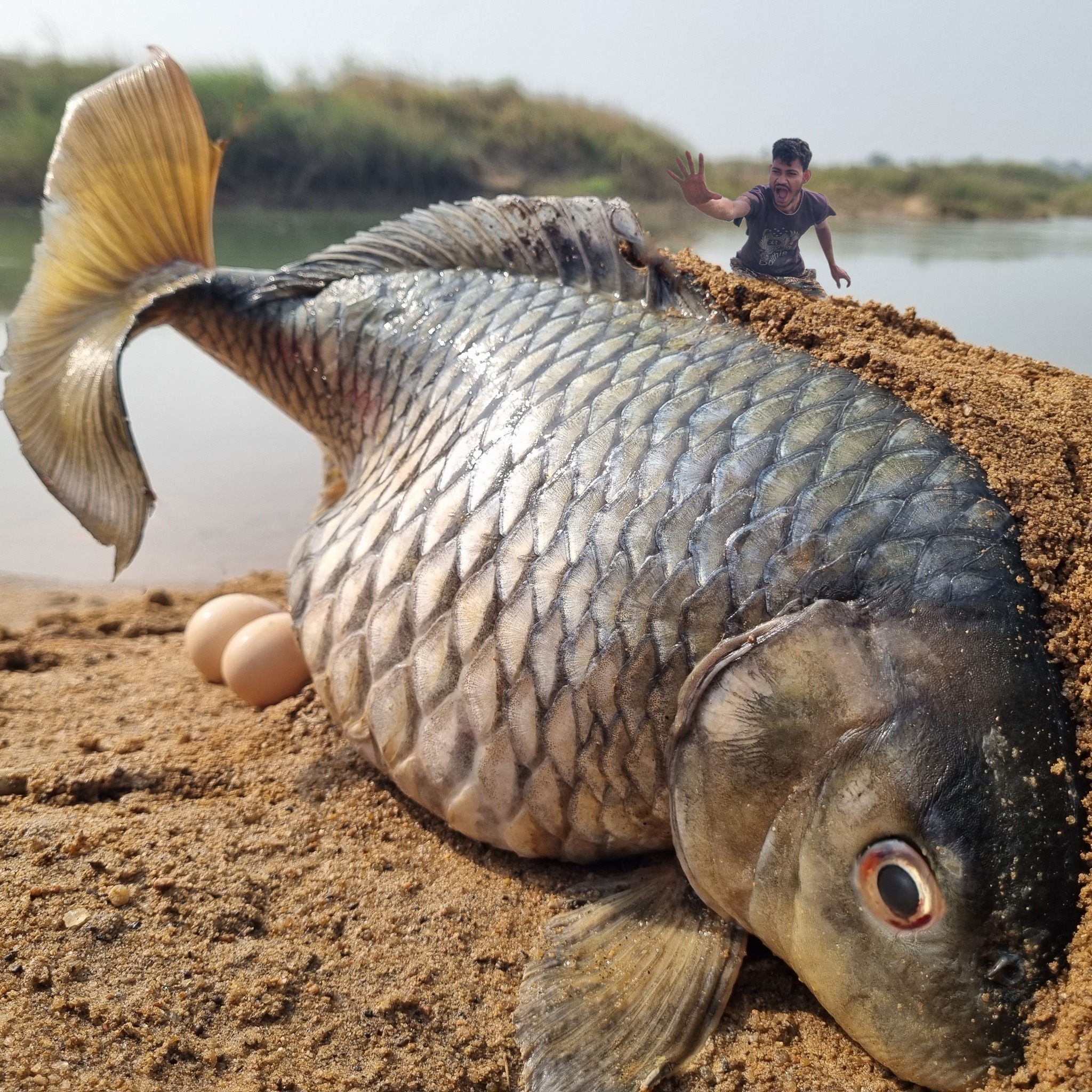 Amazing village river dry place underground catching big stuck golden ...