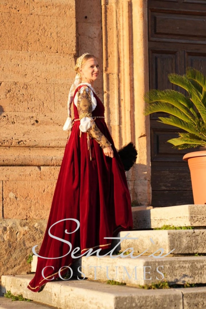 red and gold renaissance dress A velvet inspired by a painting by Vittore Carpaccio, around 1495. Paintings like this are a wonderful source of inspiration for historical dress, giving us clues about the medieval royal renaissance dress