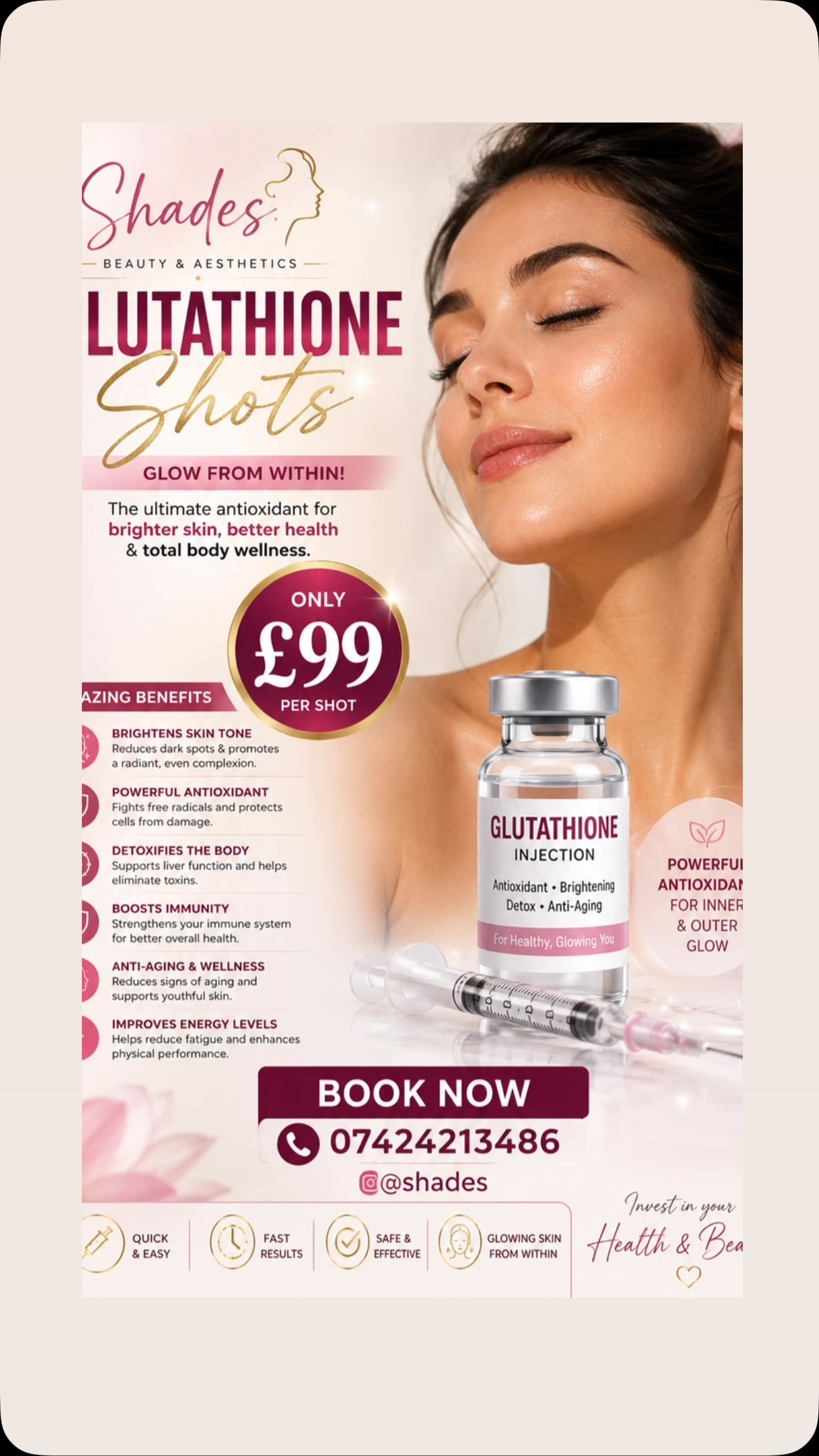 glutathione injection benefits for skin whitening ✨ SHOTS — GLOW FROM WITHIN! ✨, Ready brighter-looking, healthier and an antioxidant boost? 💗, 💉 Glutathione Shots — £99 per shot, Benefits:, ✨ Supports antioxidant protection, ✨ Bottle Capsule Count:60 Count abebi white face cream Stable Gastric Pentadecapeptide BPC
