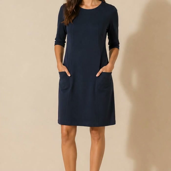 Hey team! 👋 Have you found your perfect workhorse dress yet? Meet this gorgeous Jaeger navy blue shift dress in size M. It features three-quarter sleeves, convenient pockets, and that classic straight 