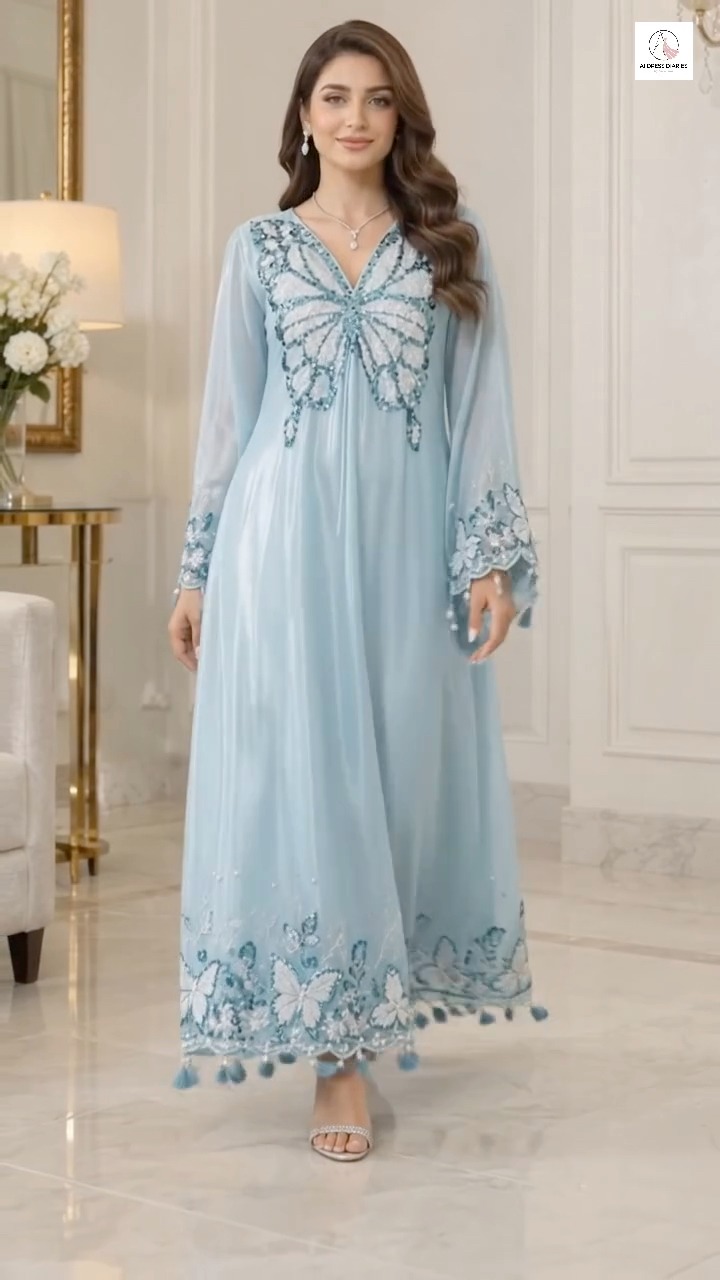 blue walima dress Ka Perfect Mil Gaya! 🦋 Ice Butterfly A-Line Design 2026 #fashion #PakistaniFashion #walimadress #aidressdiaries #desifashion | MŌázmä Úmâir Style your Special days