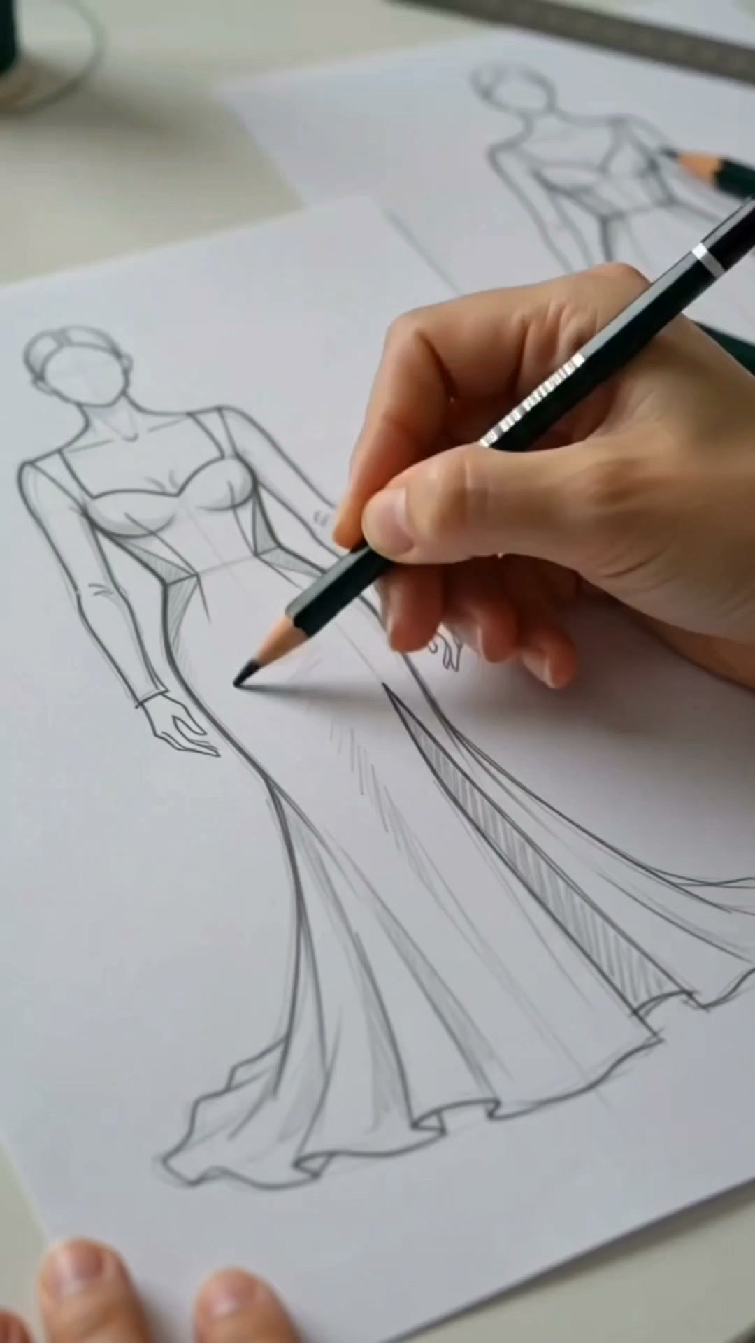 From a simple sketch to a stunning masterpiece. Watch how this gorgeous green and white gown comes to life step by step. What color dress should we design next? #fashiondesign #dressmaki