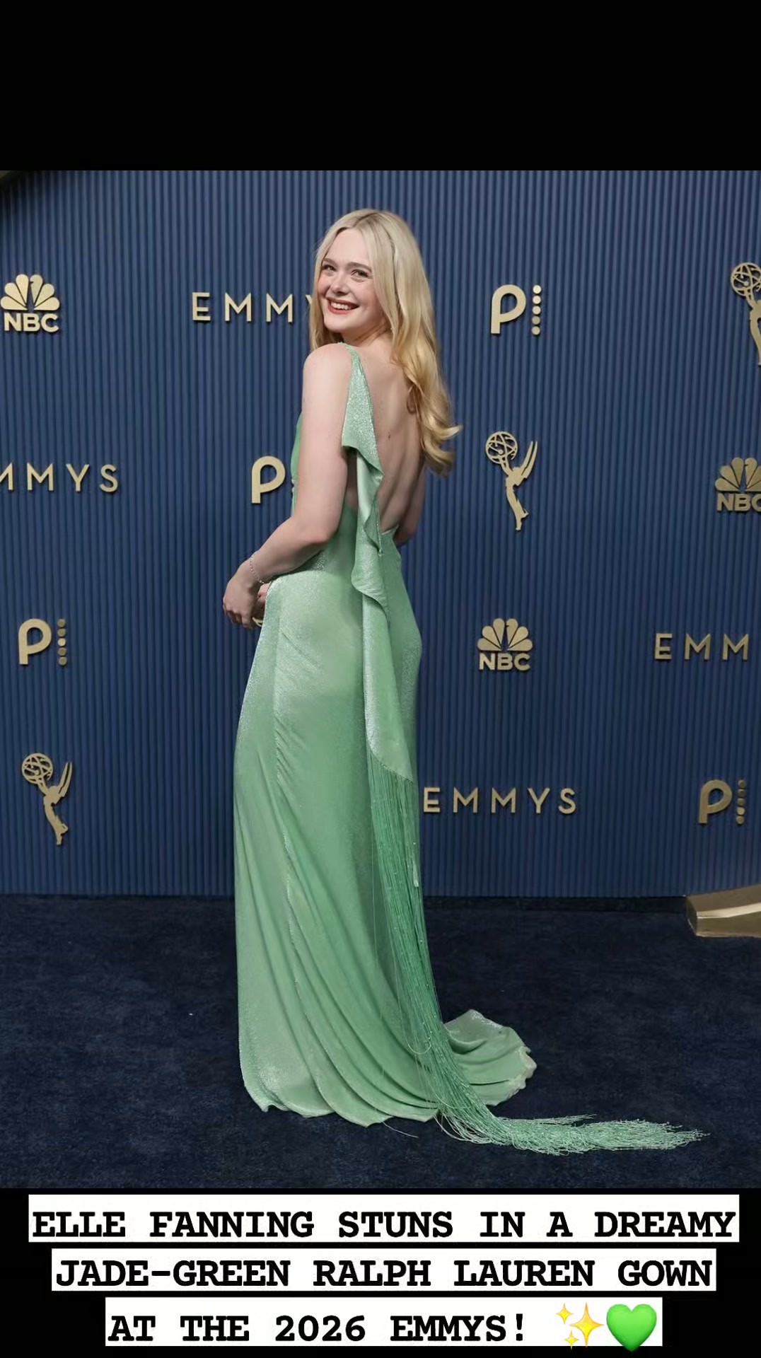 Elle Fanning turned heads at the 2026 Emmy Awards in a custom jade-green Ralph Lauren gown featuring shimmering details, an open back and flowing fabric. She completed the elegant look with Cartier 