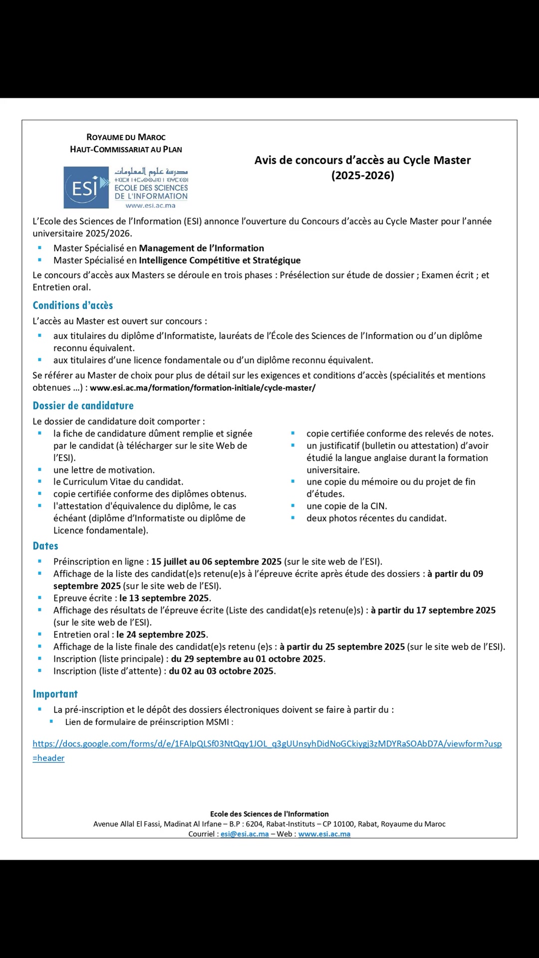 Master ESI Rabat 2025-2026 Préinscription en ligne : 15 juillet au 06 ...