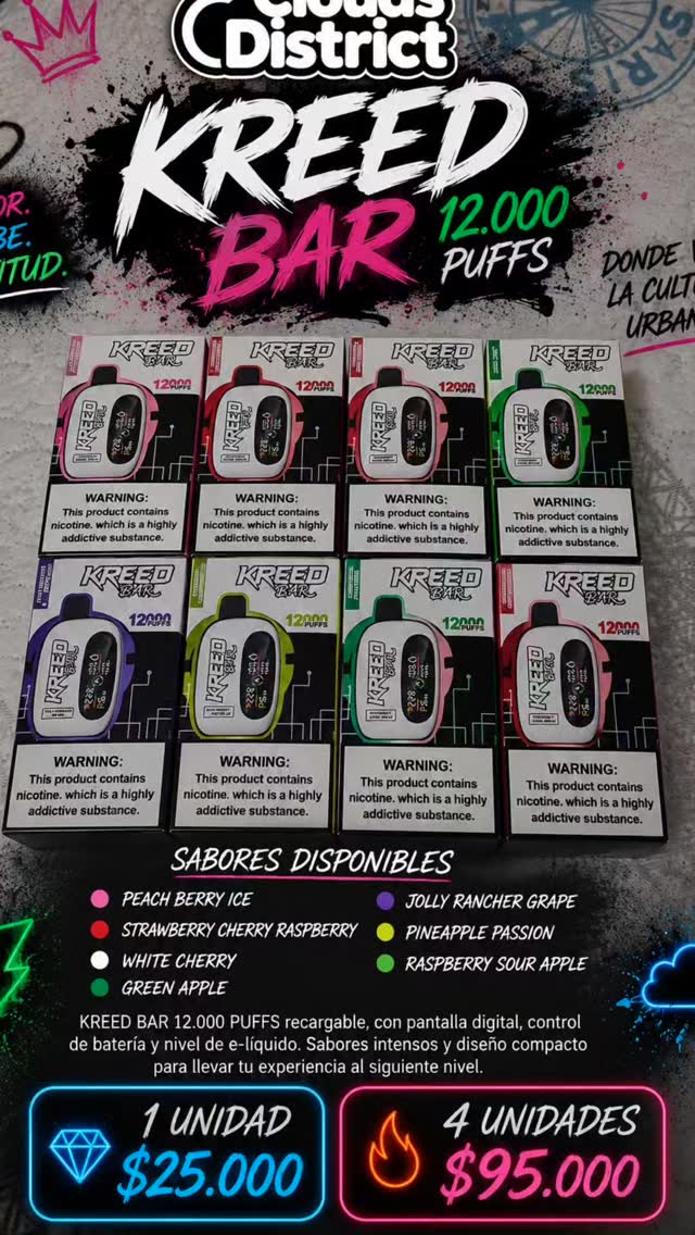 kreed bar vape 🔥 12.000 PUFFS 🔥 La combinación perfecta entre duración, sabor y tecnología. 💨⚡ 🍓 Sabores disponibles: • Peach Berry Ice • White Cherry • Strawberry Cherry Raspberry nicsalt-pods Resistance:1.0Ω Vaporesso Luxe XR Max
