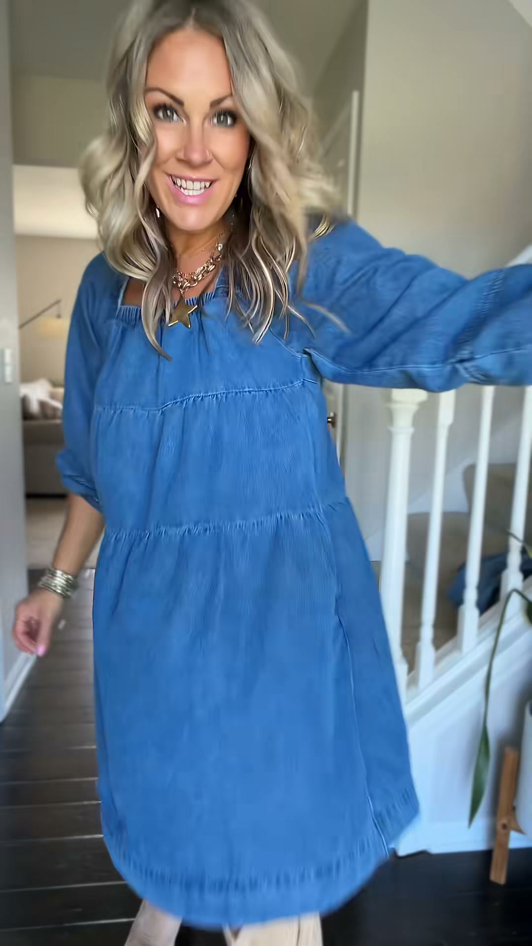 This babydoll denim dress is SO cute and has the easiest loose, flowy fit. It’s comfortable without sacrificing style, and I love the cute detail in the back that gives it a little something extra! 