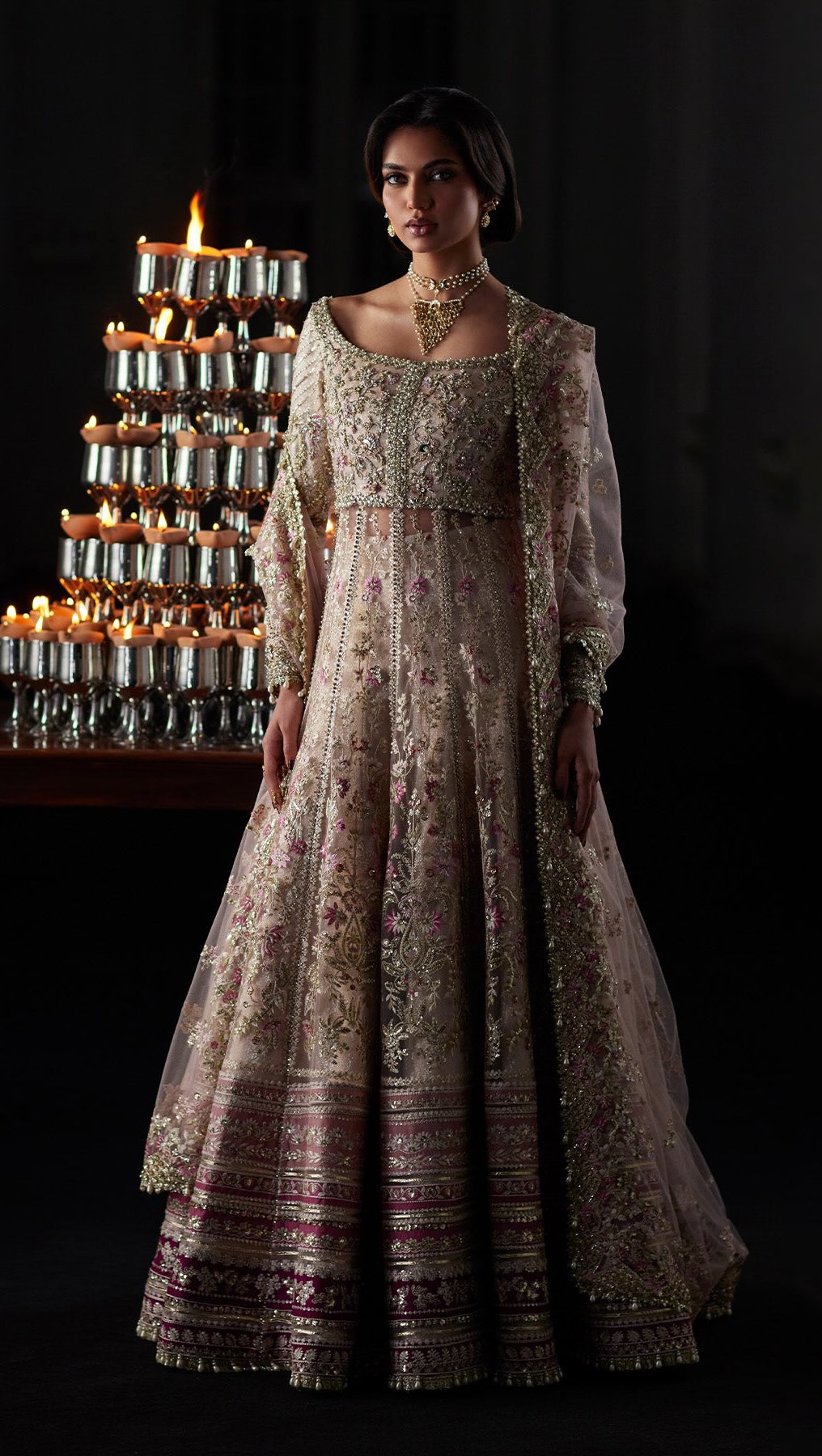 gold and pink combination dress A dreamy Barbie-pink princess ensemble featuring a soft blush-pink base layered with an enchanting mix of pastel pink, baby pink, rose vivid hot-pink accents. The entire outfit is richly silhouette:A Line