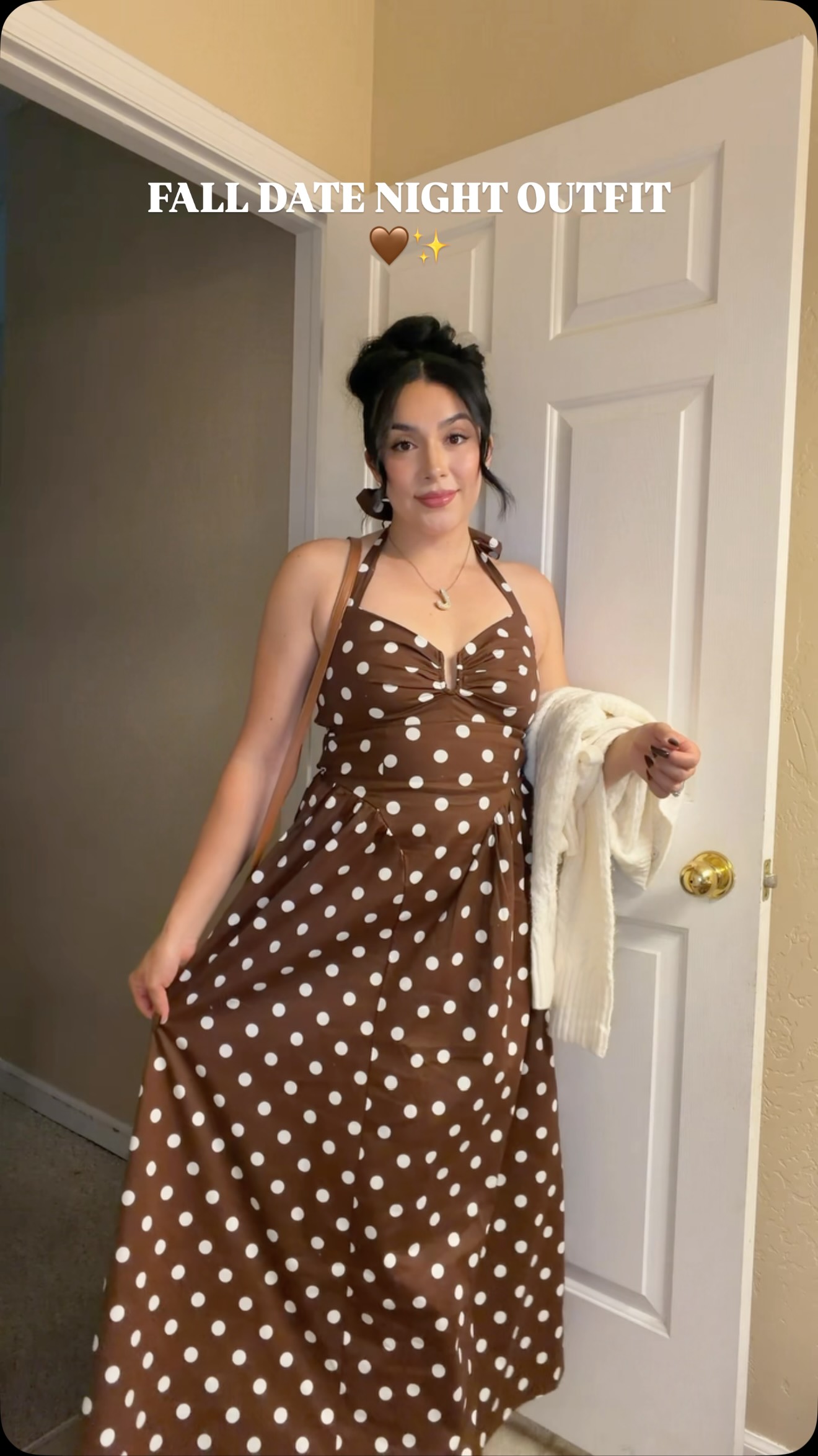 brown polka dot dress marshalls Maxi Outfit Try-On With Cardigan Styling Mini dress