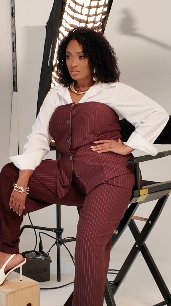 ashley stewart black dress pants The girls are not playing about the fall wardrobe reset. 🖤📌, The Pinstripe Strapless Button-Front Suiting Vest + Wide Leg take power dressing way beyond the office. Wear the full set for work, these straight #sleeveless Black Plunge Long Sleeve SIZE:T3