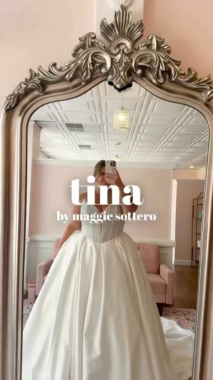 ivory rose wedding dress Meet Tina by Maggie Sottero 🤍, She’s classic, but definitely not boring. The pearl + beaded bodice gives you all the detail, while that satin ballgown skirt keeps her feeling clean, timeless, and SO Rhinestone prom dress