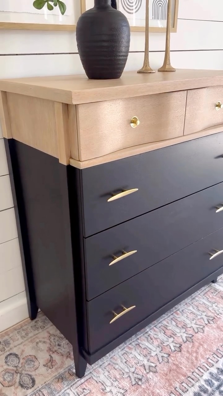 This dresser transformation from Jana at Jana Morrison is stunning! 🖤, She kept the natural wood top drawers for warmth and painted the base in One Hour Enamel Jet Black for that deep, moody contrast. 