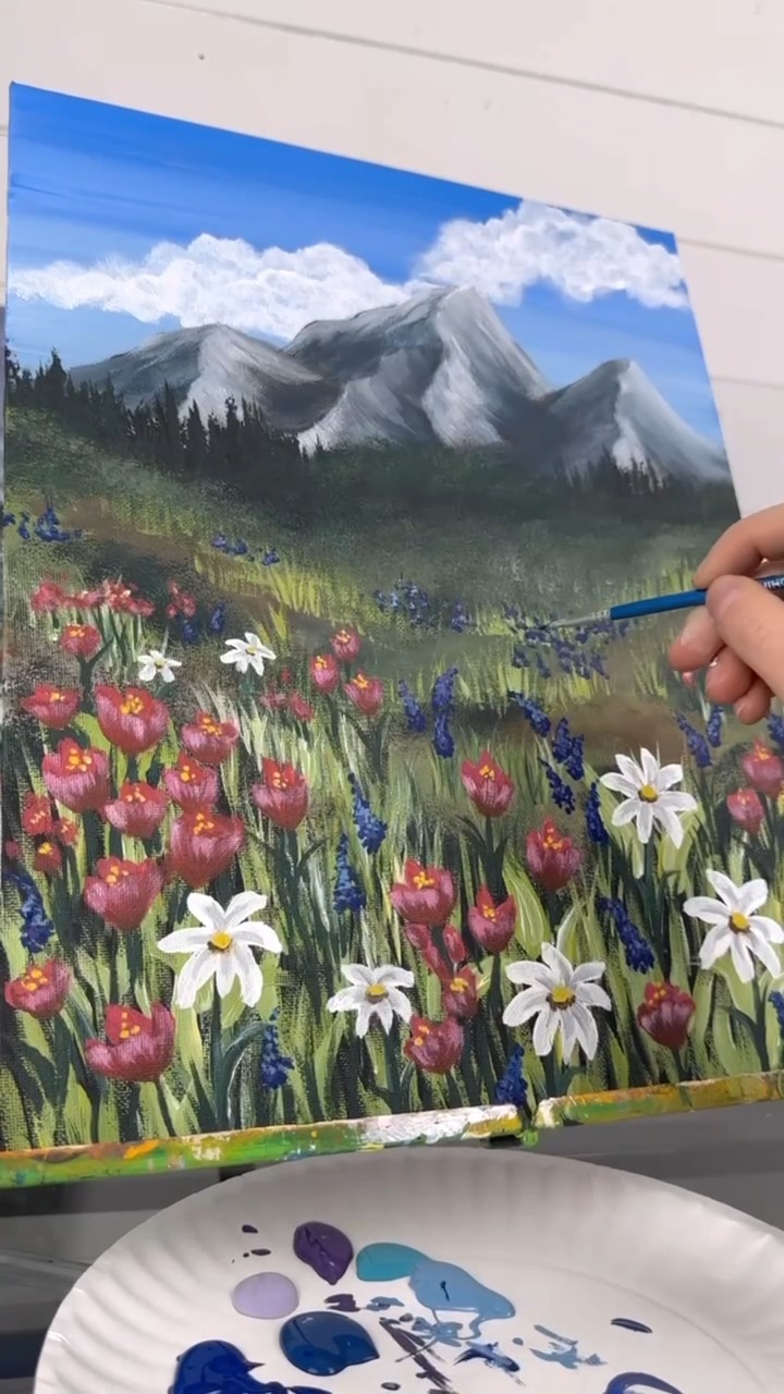 Spring mountains and flowers painting tutorial! 🎨#beginner #diyideas # ...