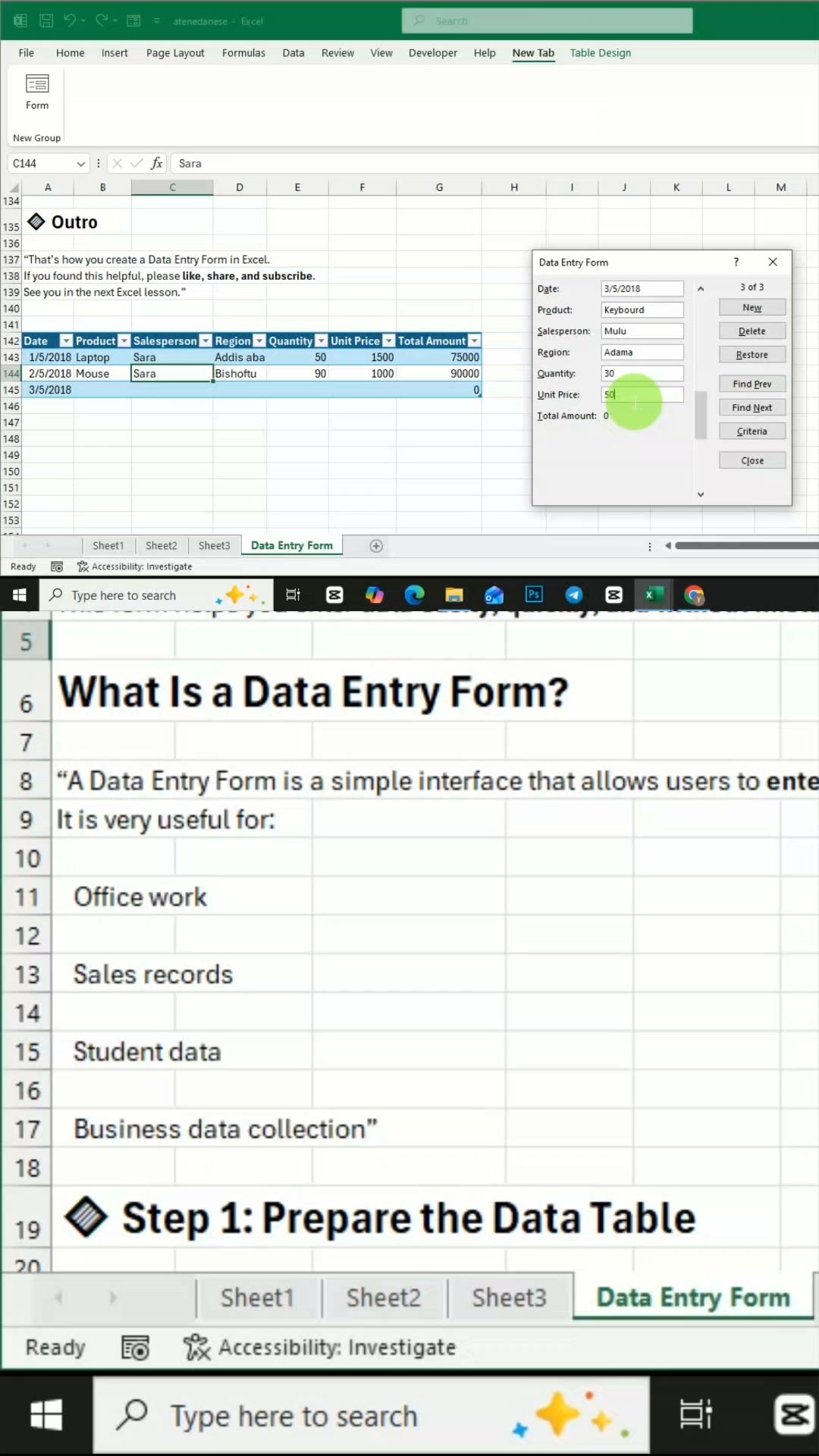 #excel #data #amharic Learn how to create a Data Entry Form in ...