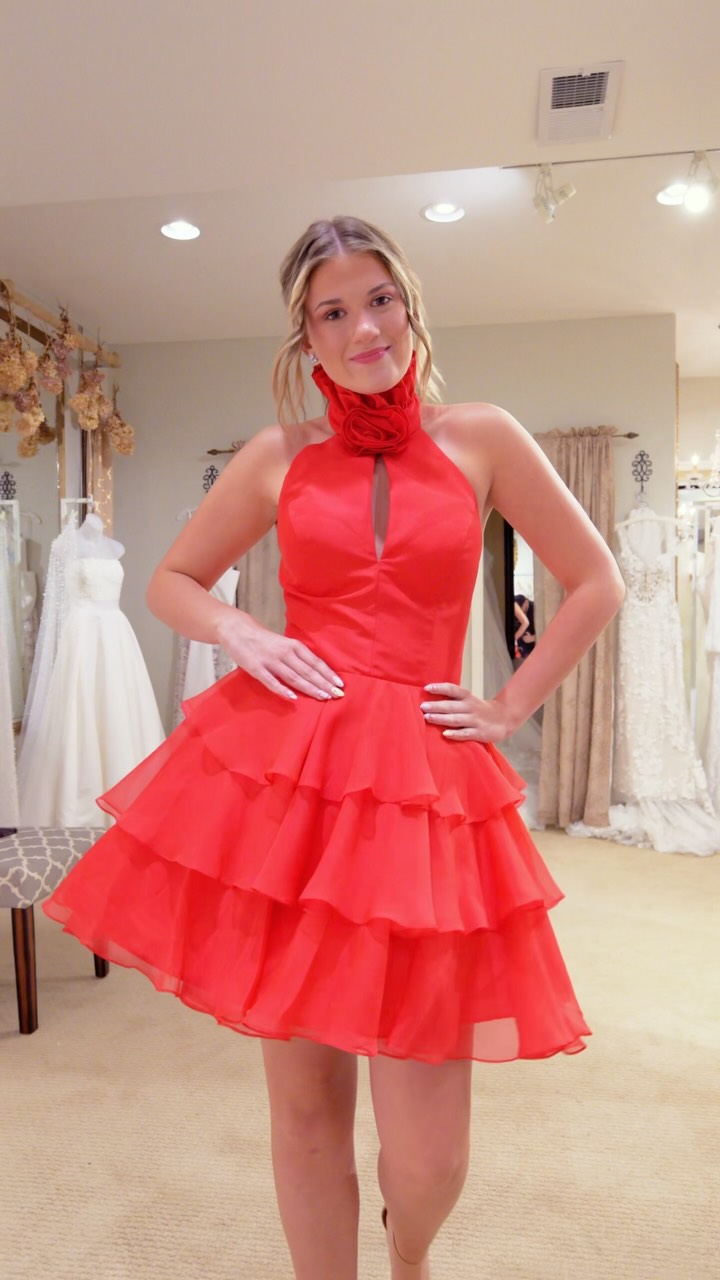 boutique homecoming dresses Red Halter Dress with Rose Choker at The Rosetree Alyce paris