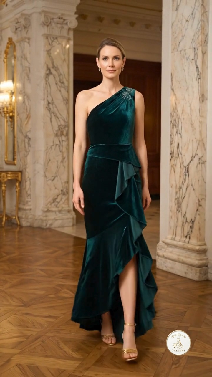 jewelry for green velvet dress Rich, dramatic, and unforgettable. This emerald evening gown makes an entrance with its sculpted one-shoulder neckline, sparkling shoulder applique, cascading waist ruffle, and high-low july4thsale7/1-40off