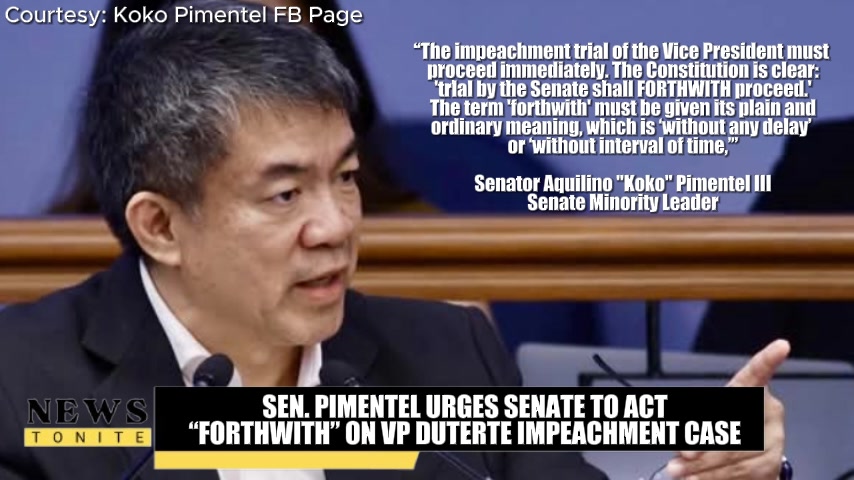 SEN. PIMENTEL URGES SENATE TO ACT “FORTHWITH” ON VP DUTERTE IMPEACHMENT ...