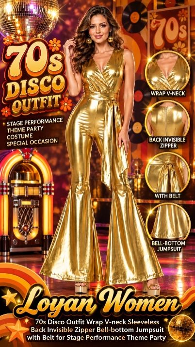 Description, Turn heads with the Loyan Women 70s Disco Jumpsuit! Featuring a shimmering metallic finish, wrap V-neck, sleeveless design, waist belt, invisible back zipper, and dramatic bell-bottom 